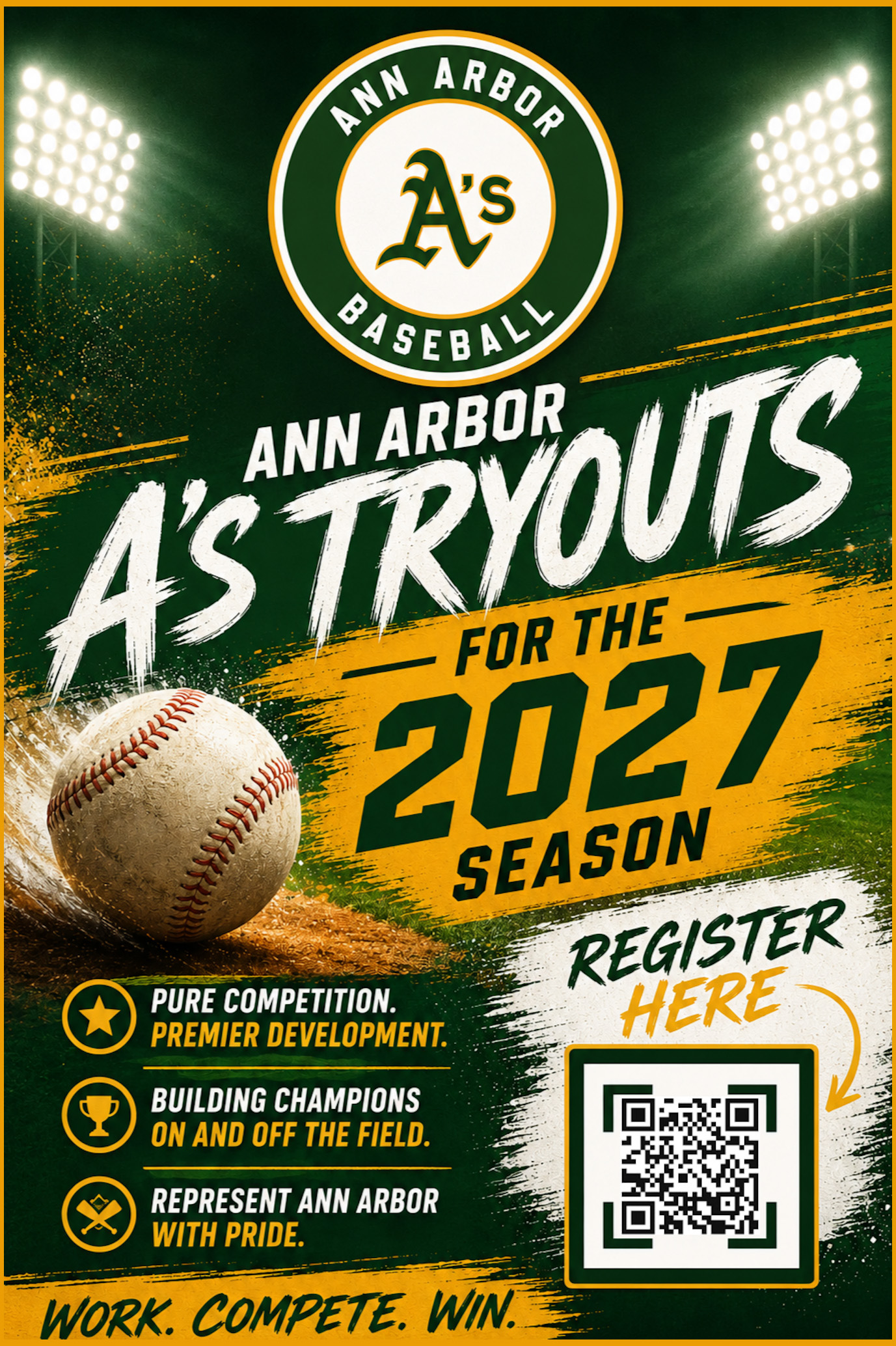 Ann Arbor A's 2026-2027 tryouts flyer with schedule and QR code linking to registration.